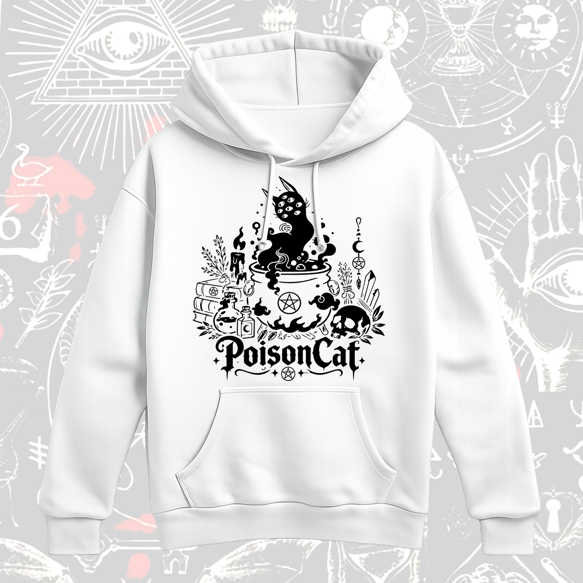 Witchy Cat Cauldron Hoodie – Occult Gift for Cat Lovers – White