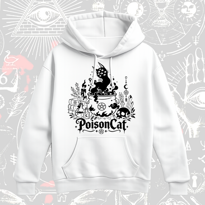 Witchy Cat Cauldron Hoodie – Occult Gift for Cat Lovers – White