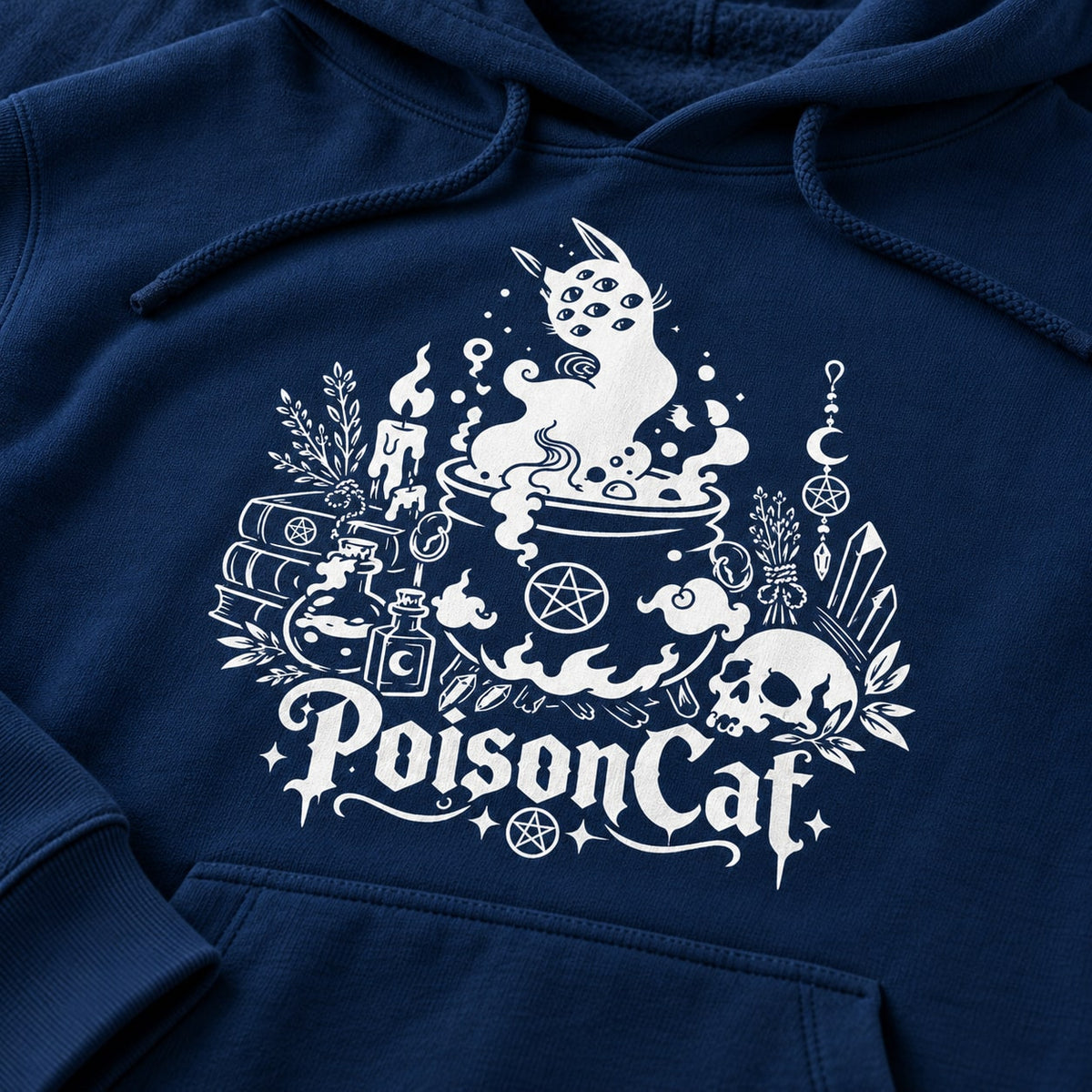 Print & fabric close-up — Witchy Cat Cauldron Hoodie – Occult Gift for Cat Lovers