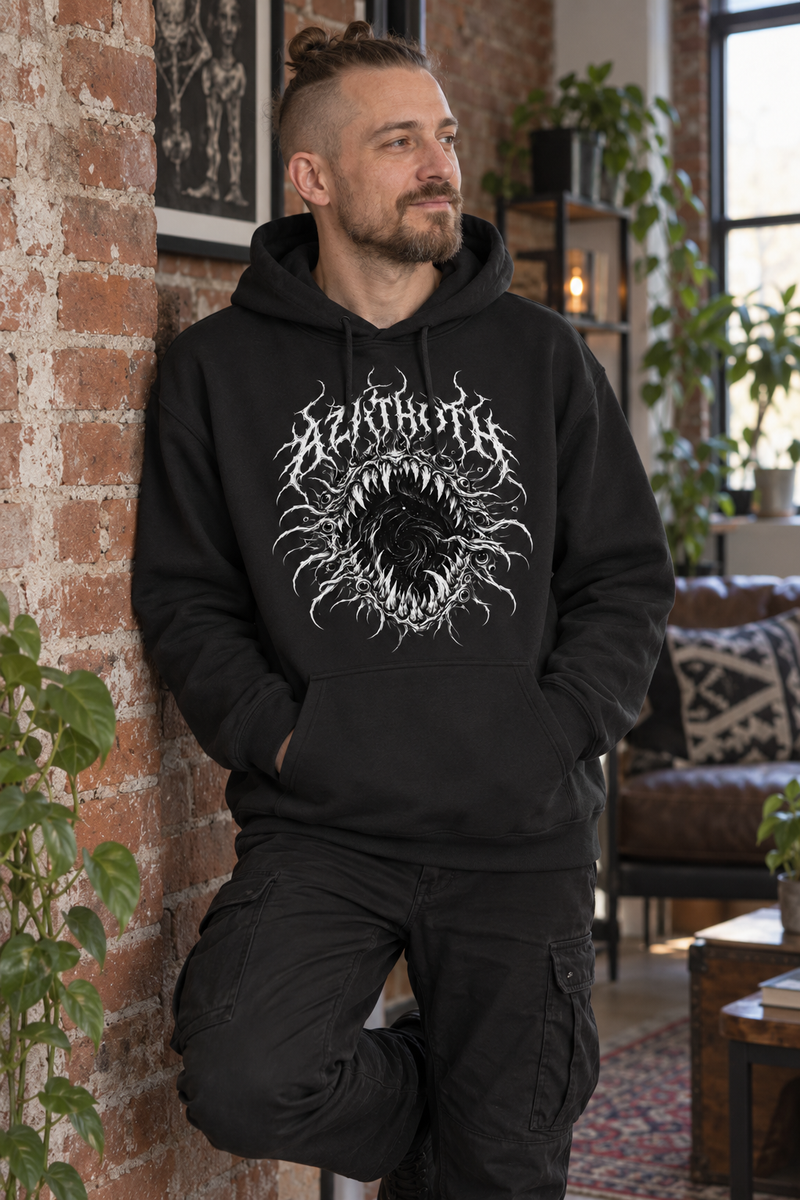 Black Metal Vortex Hoodie – Dark Occult Graphic Gift styled look 3